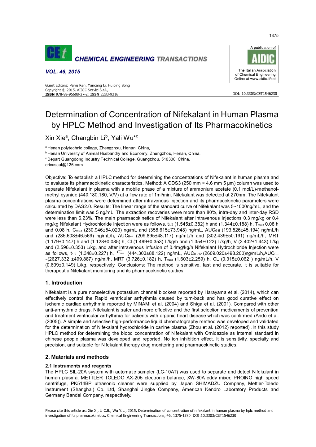 Determination of Concentration of Nifekalant in Human Plasma By