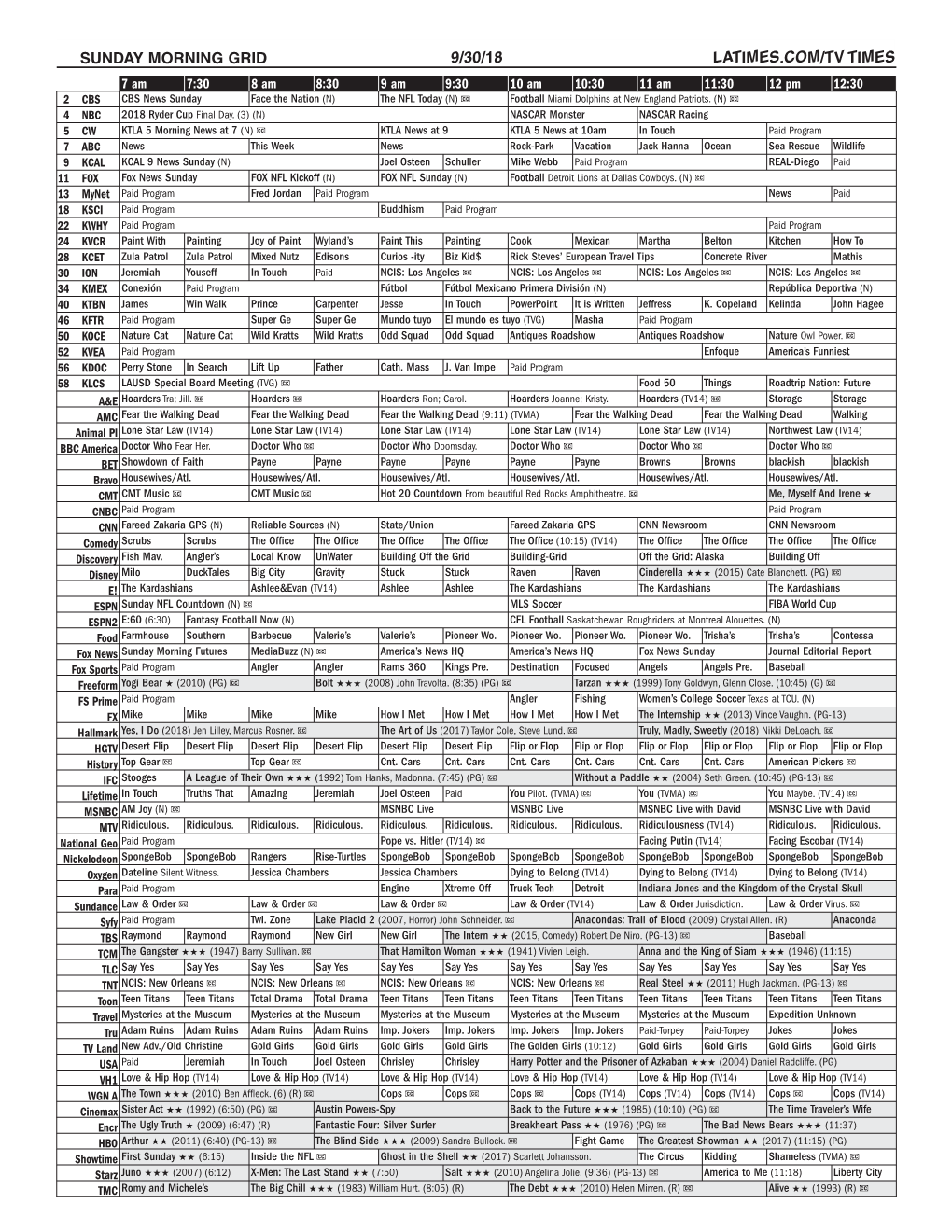 Sunday Morning Grid 9/30/18 Latimes.Com/Tv Times