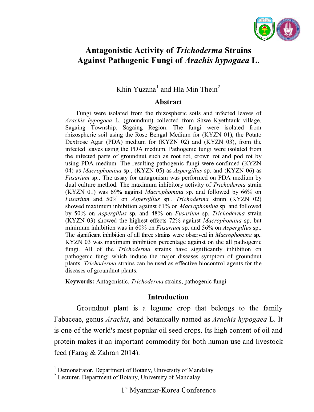 Antagonistic Activity of Trichoderma Strains Against Pathogenic Fungi of Arachis Hypogaea L