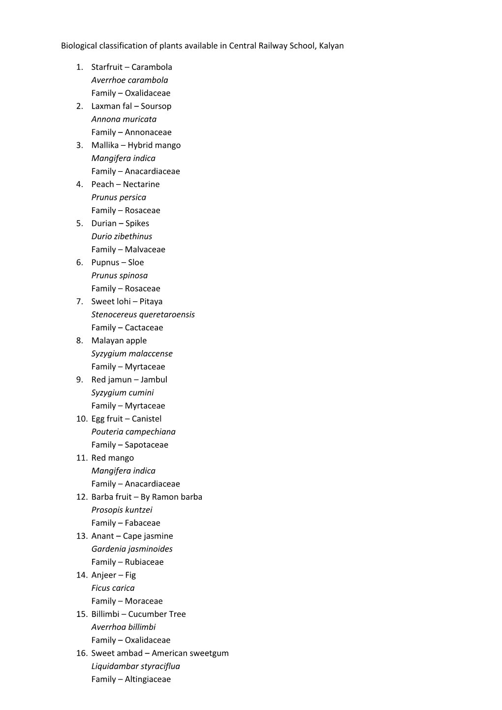 Biological Classification of Plants Available in Central Railway School, Kalyan