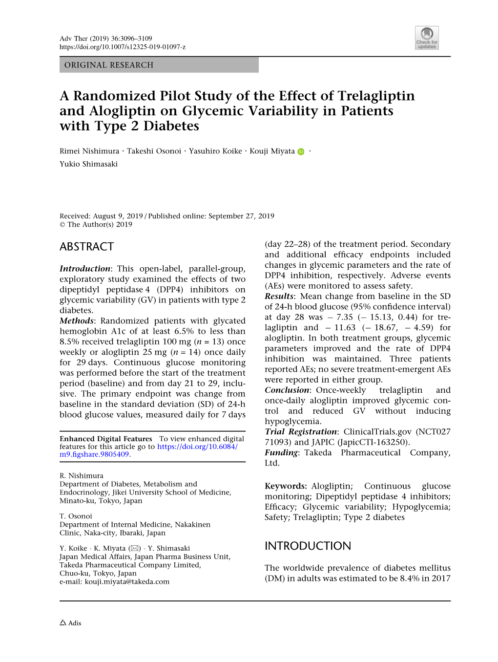 A Randomized Pilot Study of the Effect of Trelagliptin and Alogliptin on Glycemic Variability in Patients with Type 2 Diabetes