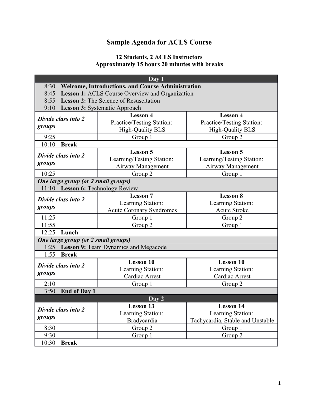 Sample Agenda for ACLS Course