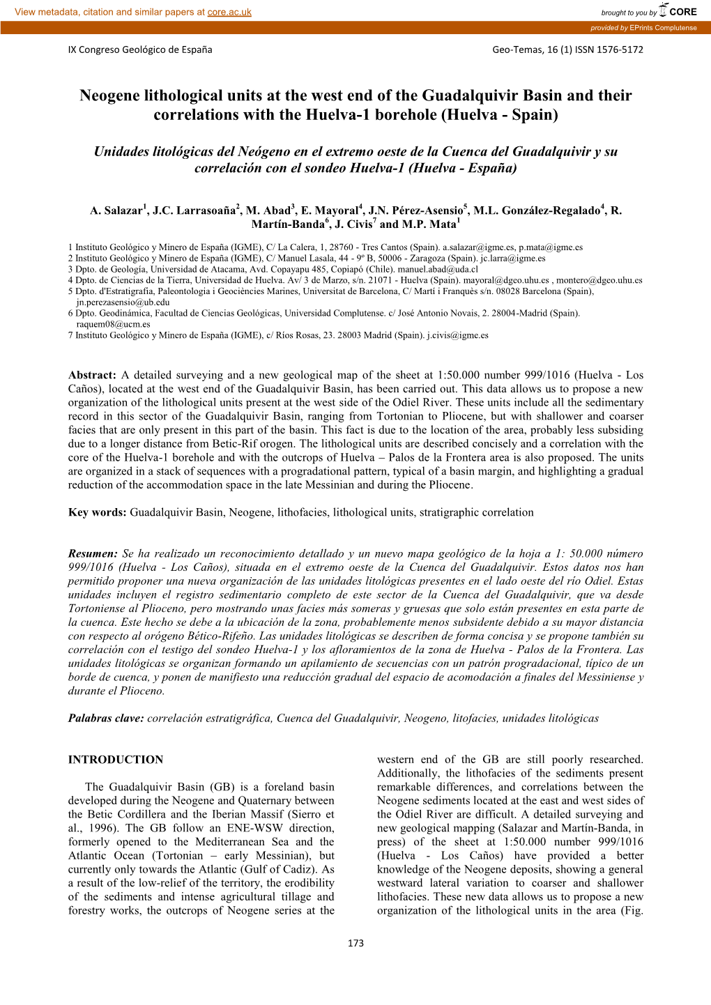 Neogene Lithological Units at the West End of the Guadalquivir Basin and Their Correlations with the Huelva-1 Borehole (Huelva - Spain)