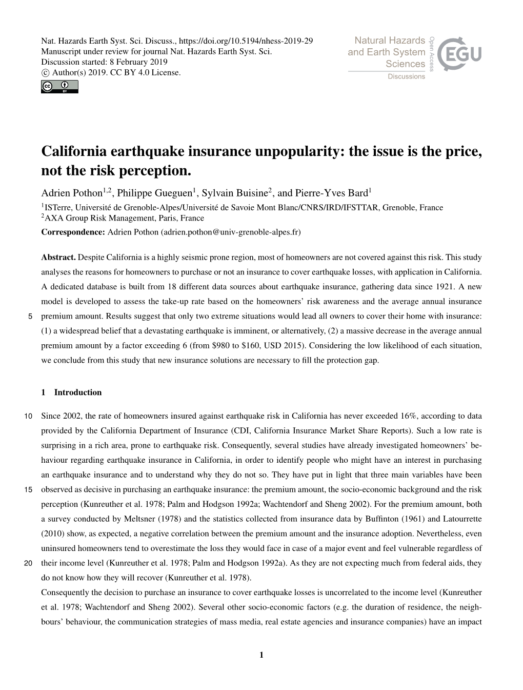 California Earthquake Insurance Unpopularity: the Issue Is the Price, Not the Risk Perception