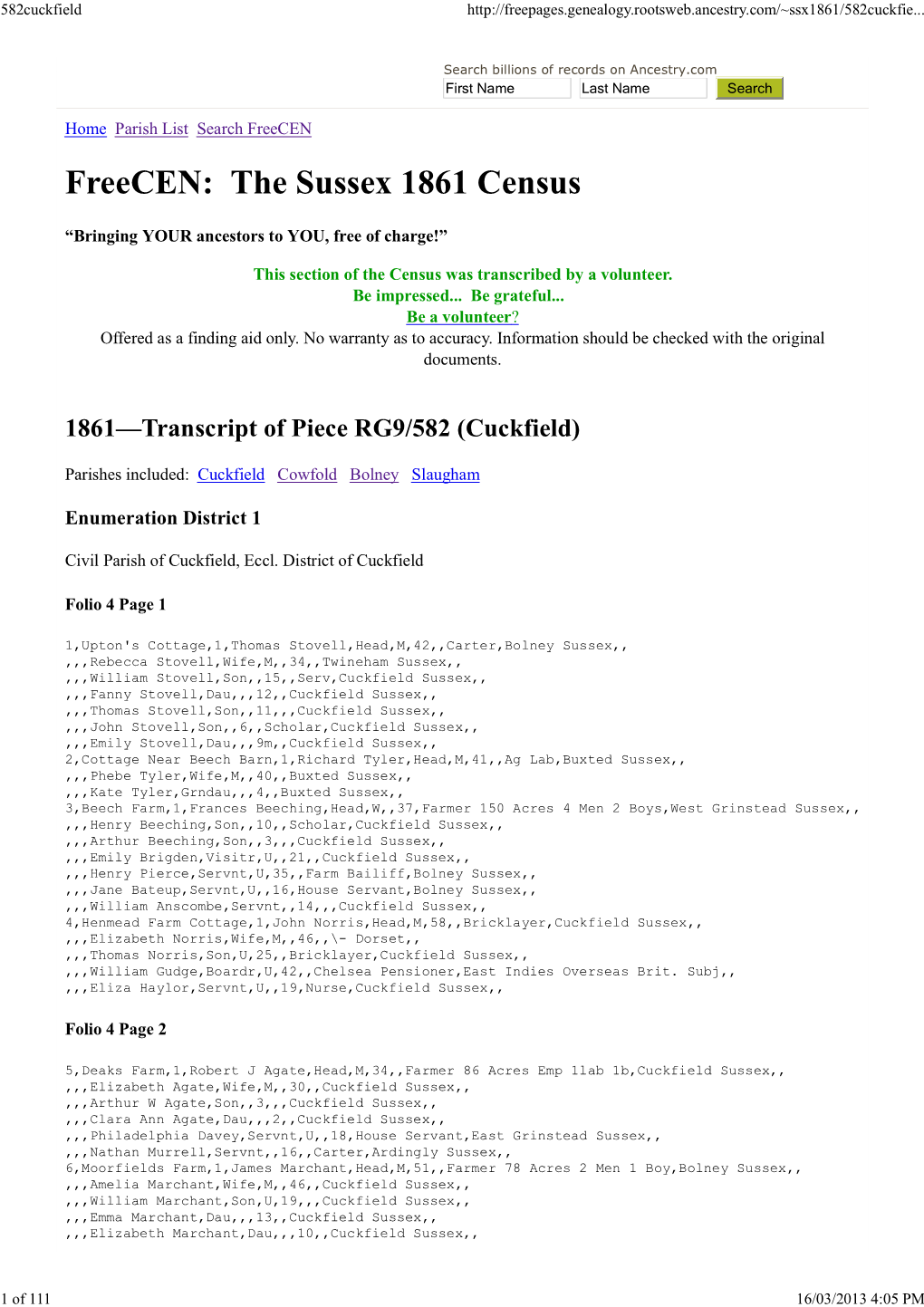 Freepages -Cuckfield Area 1861 Census