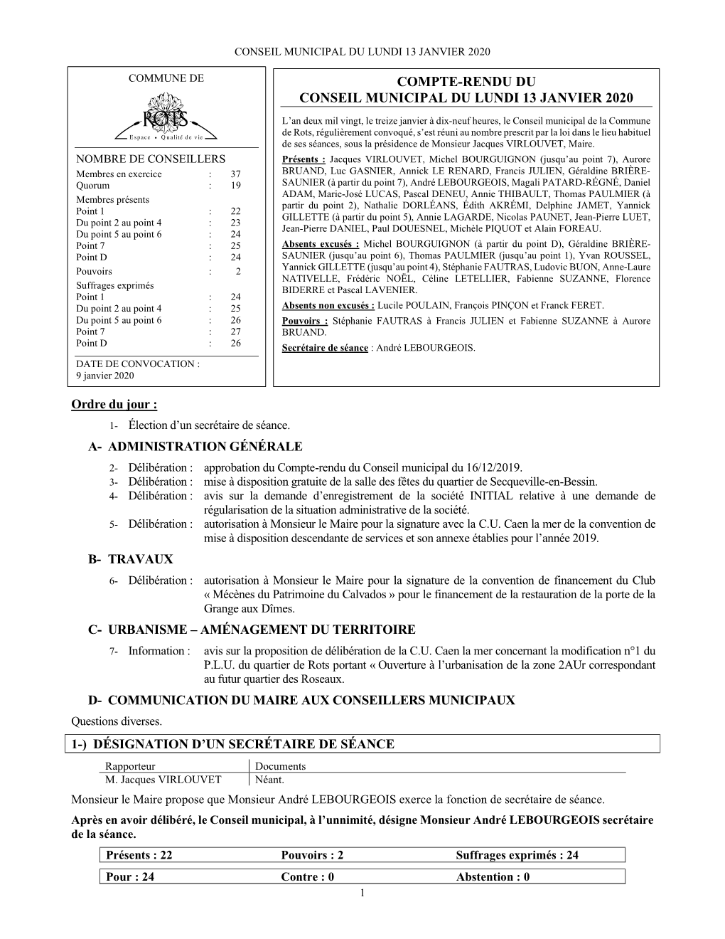 Conseil Municipal Du Lundi 13 Janvier 2020 1