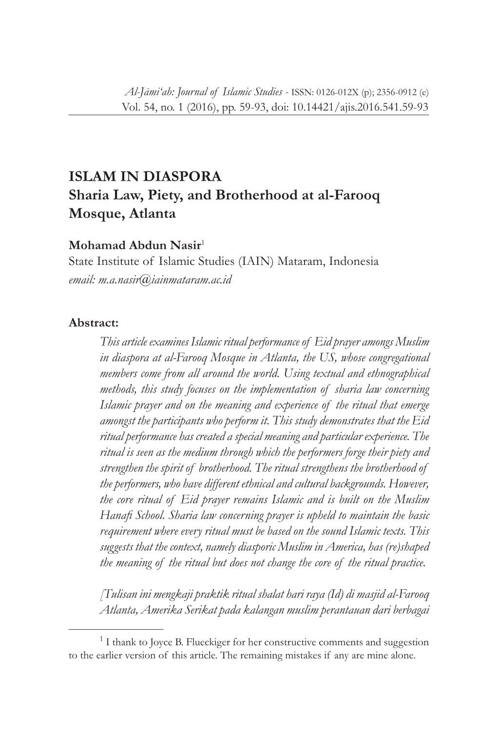 ISLAM in DIASPORA Sharia Law, Piety, and Brotherhood at Al-Farooq Mosque, Atlanta