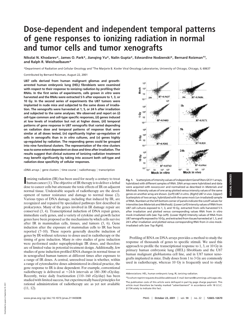 Dose-Dependent and Independent Temporal Patterns of Gene Responses to Ionizing Radiation in Normal and Tumor Cells and Tumor Xenografts