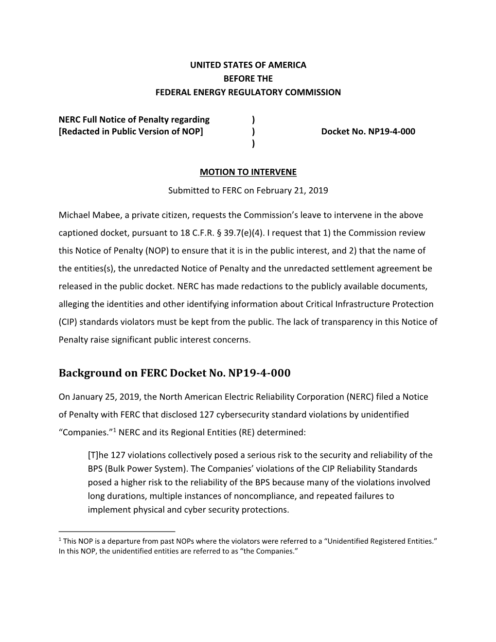 Background on FERC Docket No. NP19-4-000