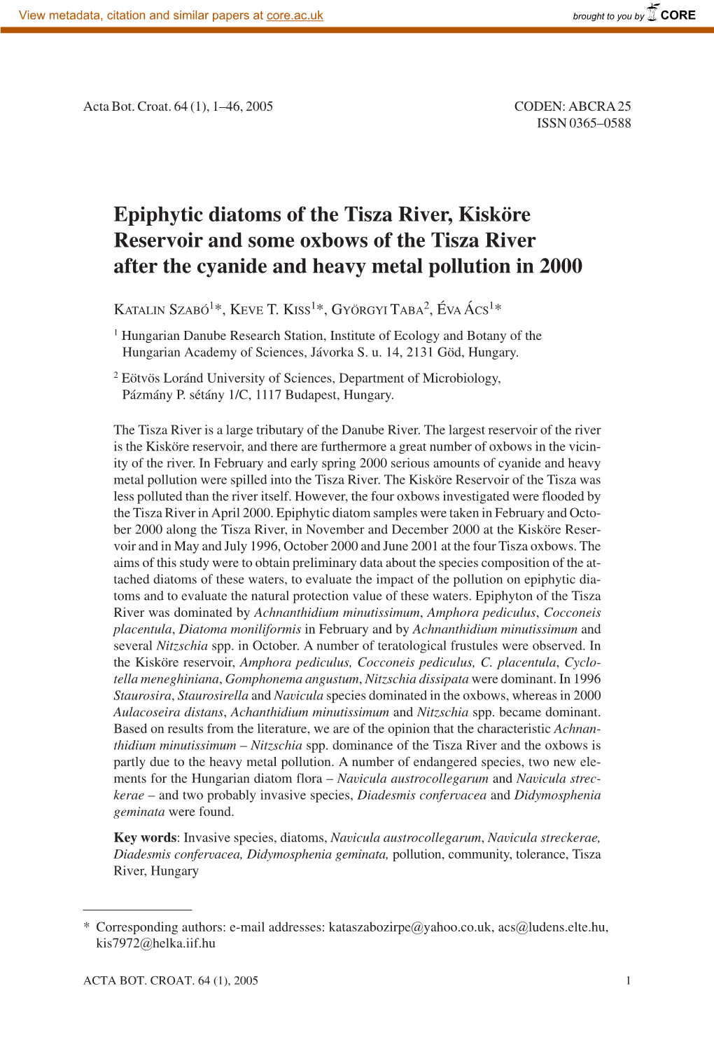 Epiphytic Diatoms of the Tisza River, Kisköre Reservoir and Some Oxbows of the Tisza River After the Cyanide and Heavy Metal Pollution in 2000