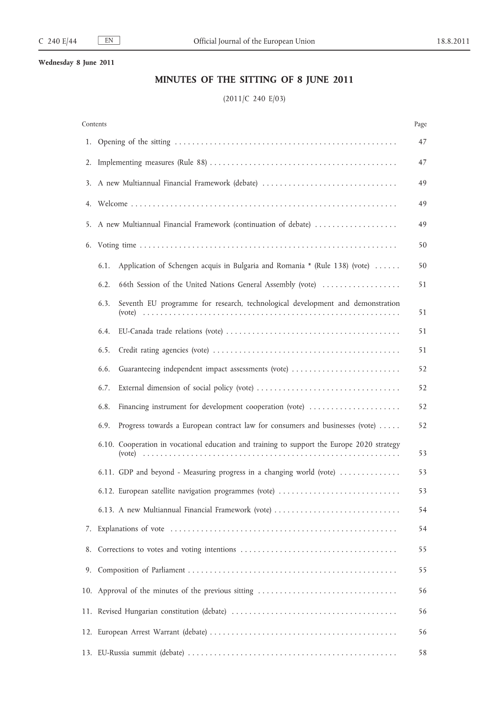 Minutes of the Sitting of 8 June 2011