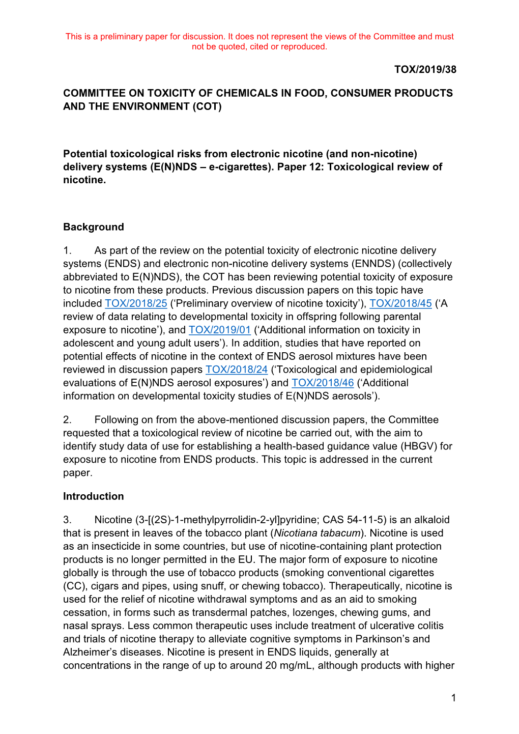 1 Tox/2019/38 Committee on Toxicity of Chemicals In