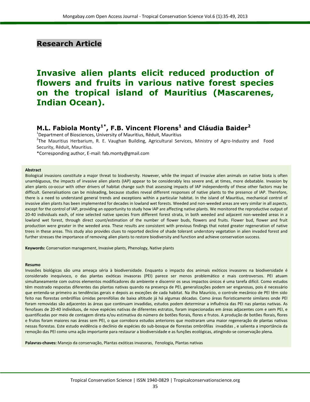 Invasive Alien Plants Elicit Reduced Production of Flowers and Fruits in Various Native Forest Species on the Tropical Island of Mauritius (Mascarenes, Indian Ocean)