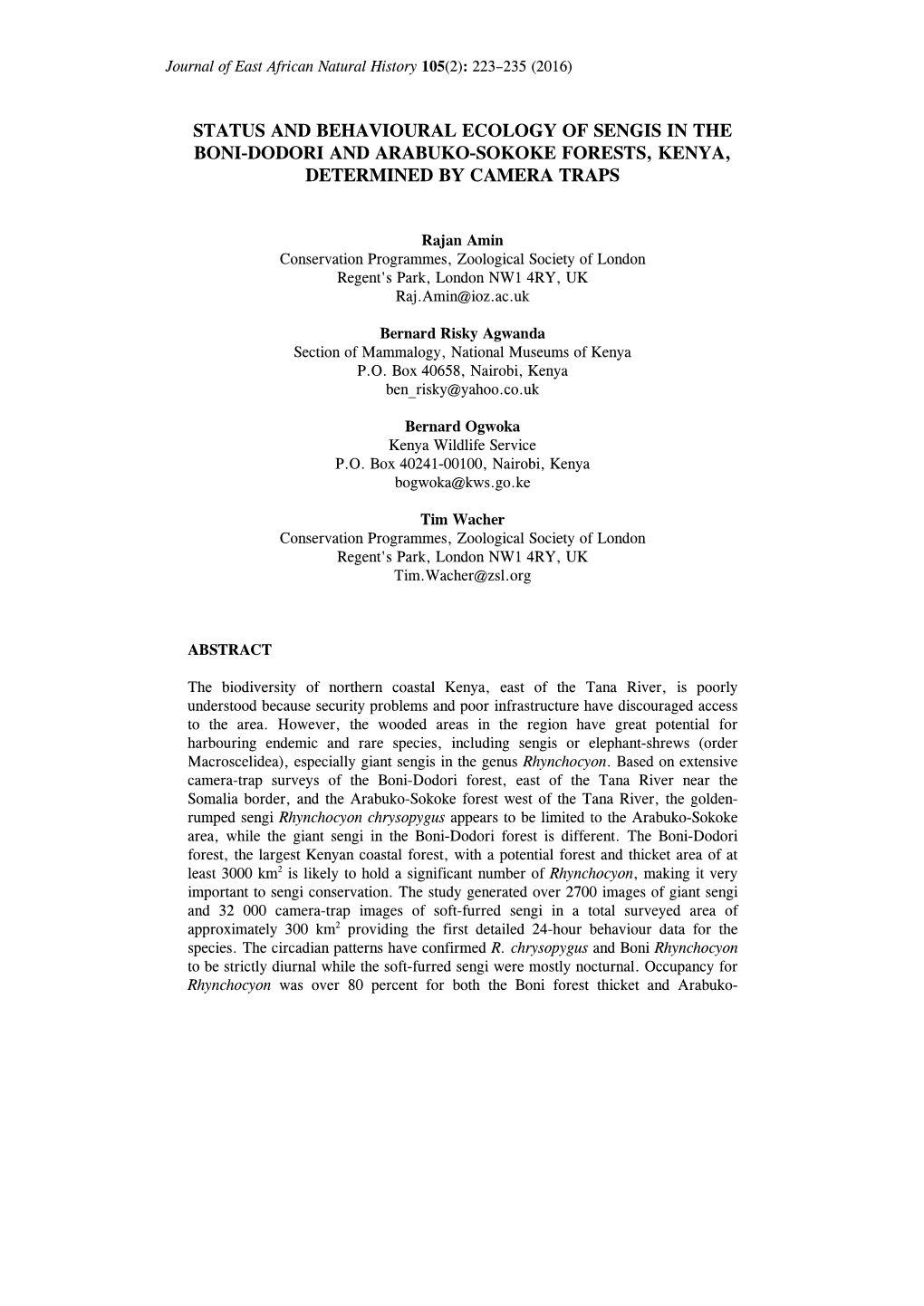 Status and Behavioural Ecology of Sengis in the Boni-Dodori and Arabuko-Sokoke Forests, Kenya, Determined by Camera Traps