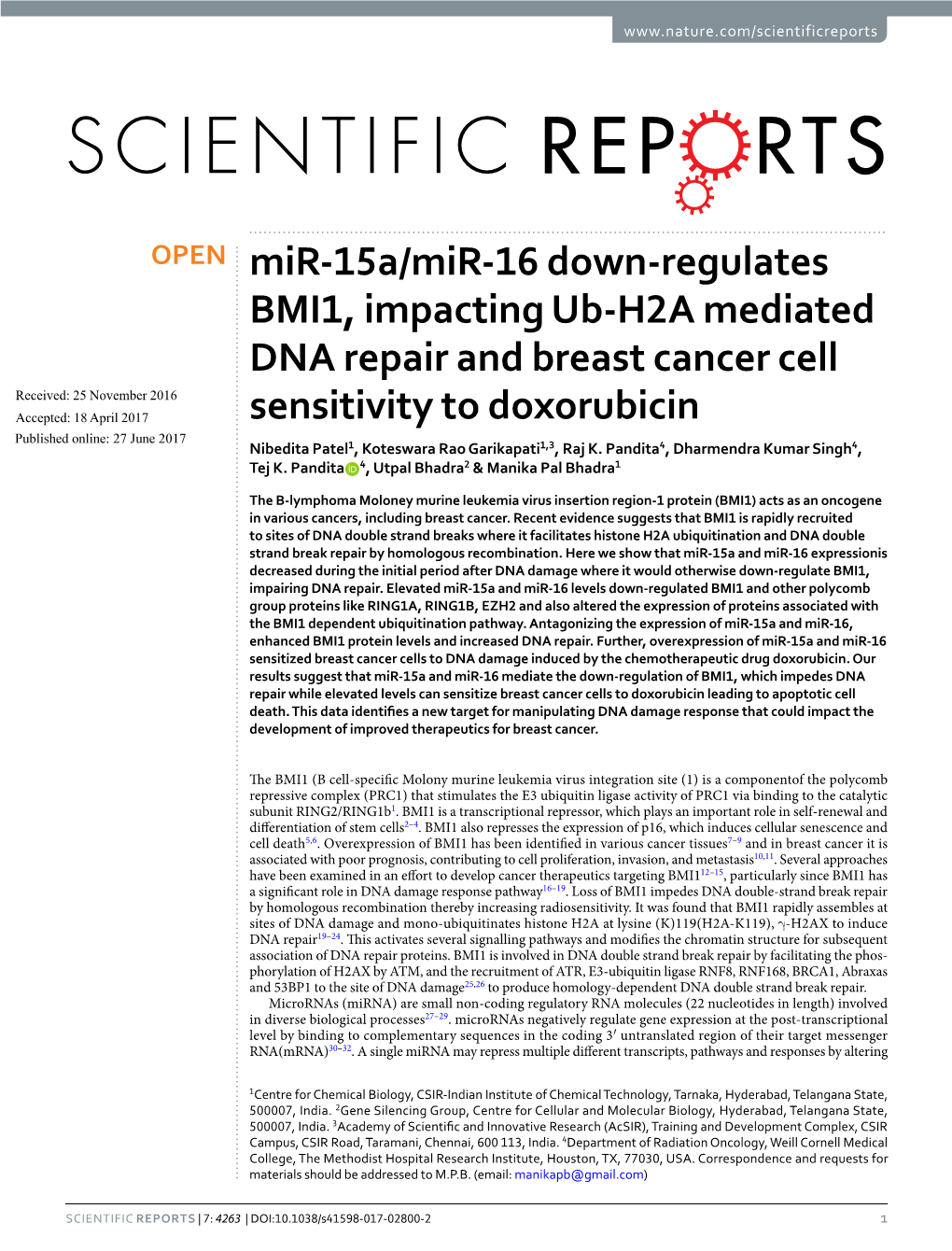 Mir-15A/Mir-16 Down-Regulates BMI1, Impacting Ub-H2A Mediated DNA