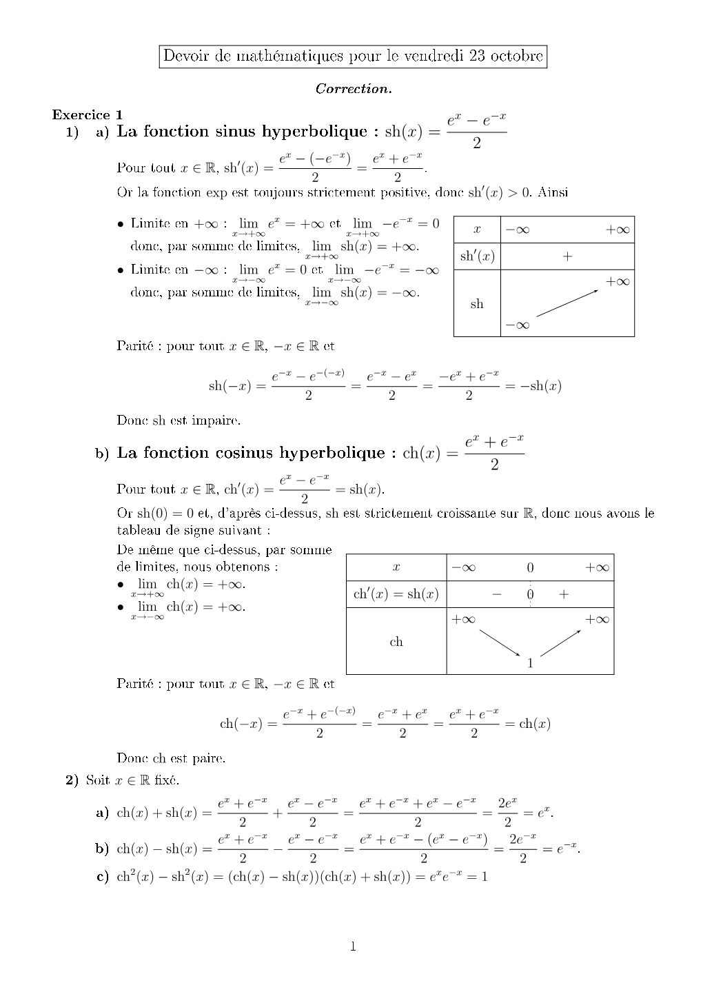 Sh(X) = B) La Fonction Cosinus Hyperbolique : Ch(X)