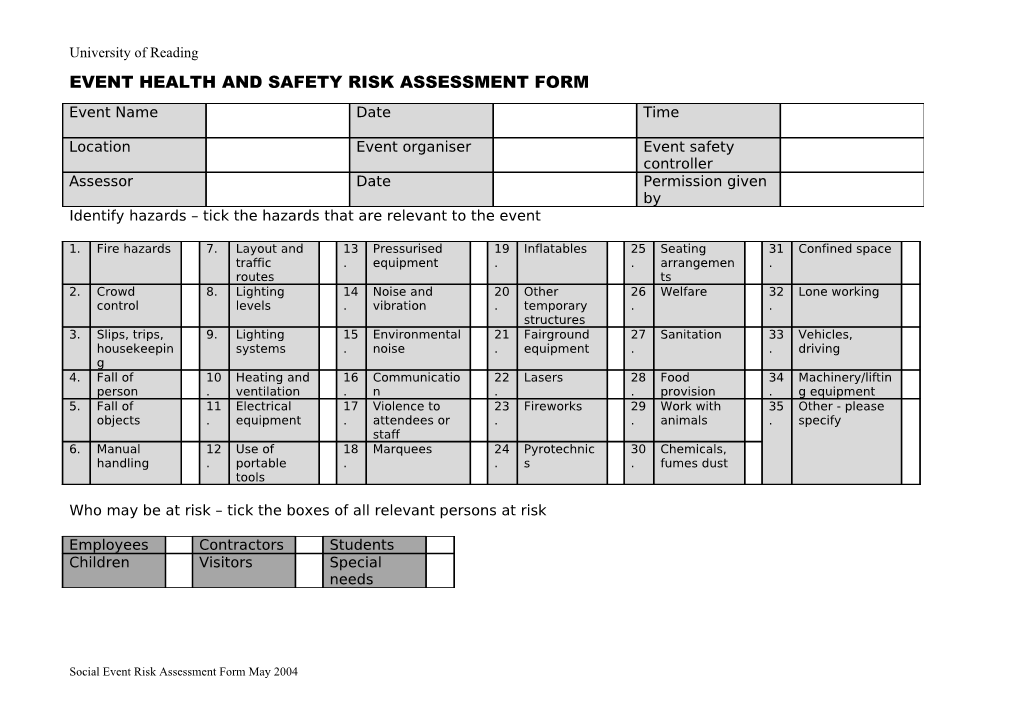 Event Health and Safety Risk Assessment Form - Events Guide