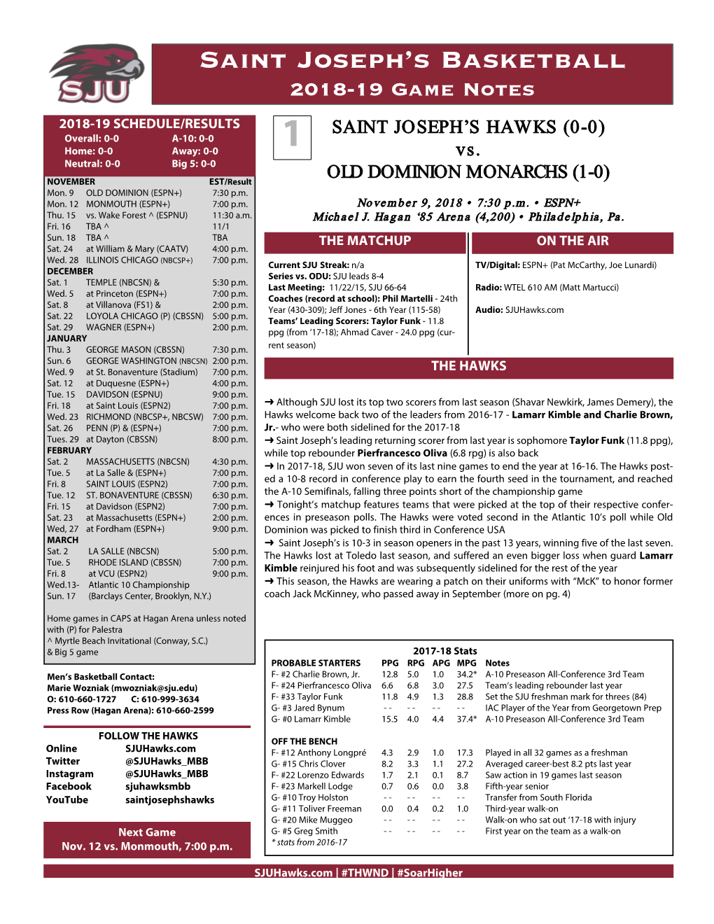 Saint Joseph's Basketball Saint Joseph's Combined Team Statistics (As of Mar 13, 2018) All Games