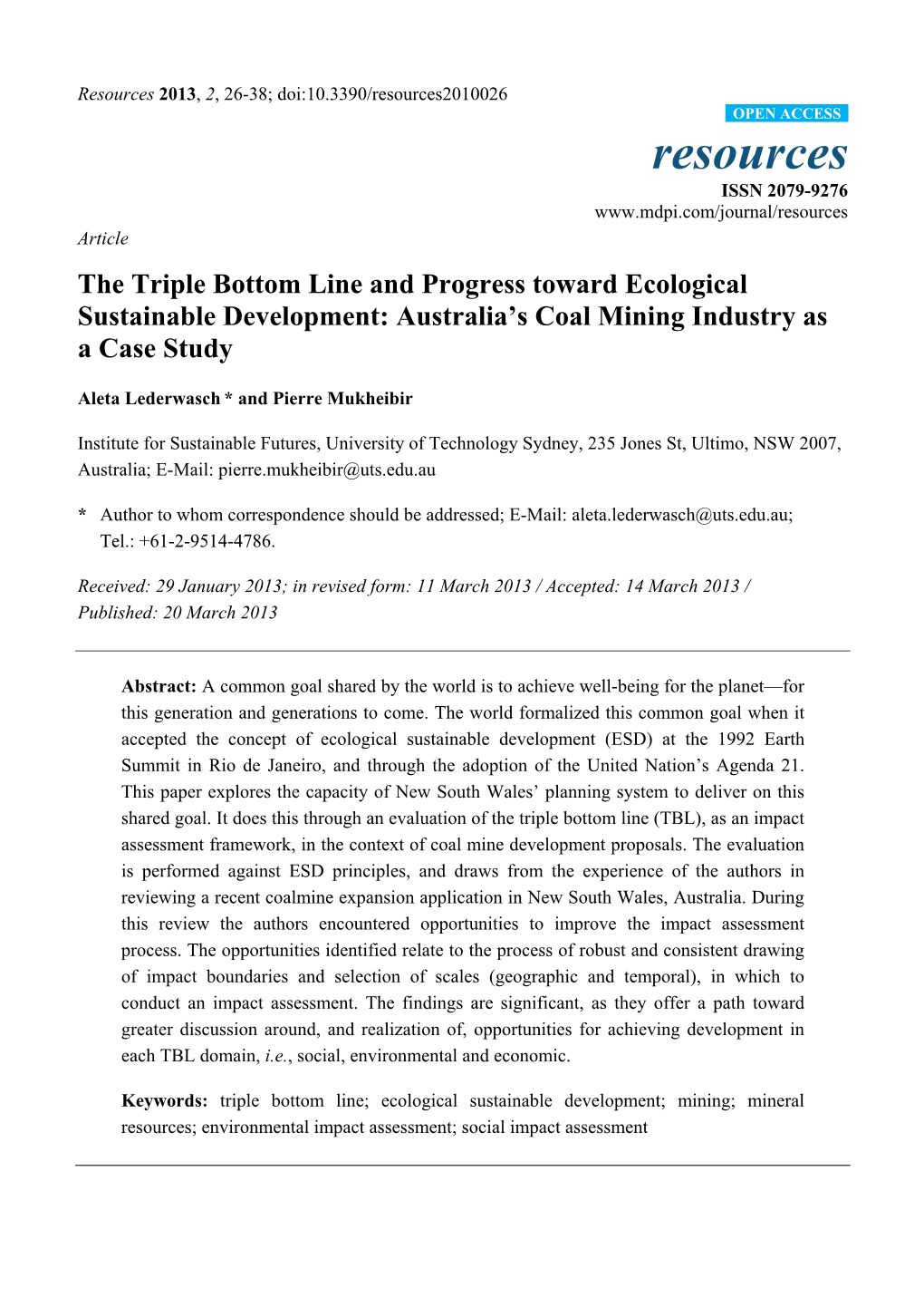 The Triple Bottom Line and Progress Toward Ecological Sustainable Development: Australia’S Coal Mining Industry As a Case Study