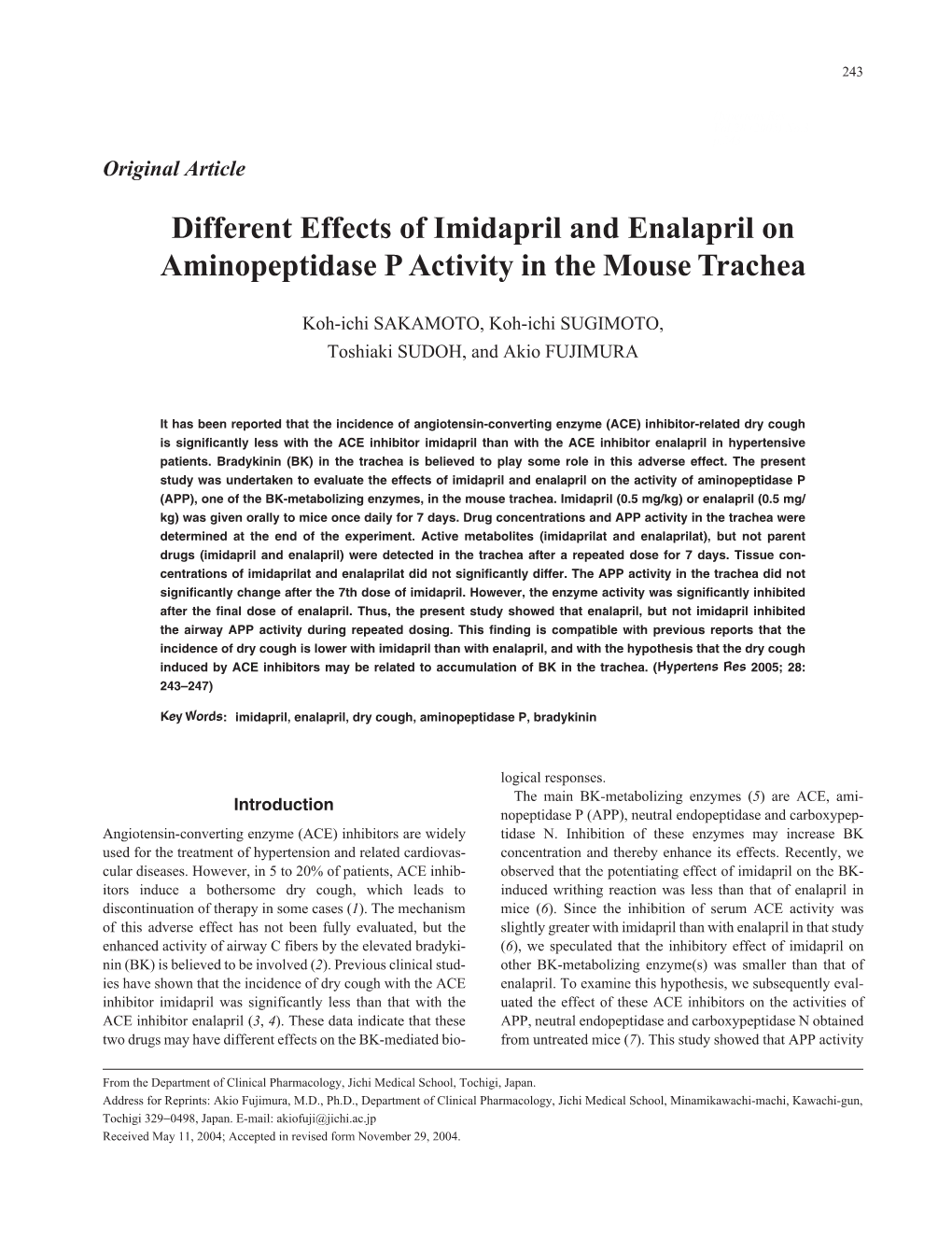 Different Effects of Imidapril and Enalapril on Aminopeptidase P Activity in the Mouse Trachea