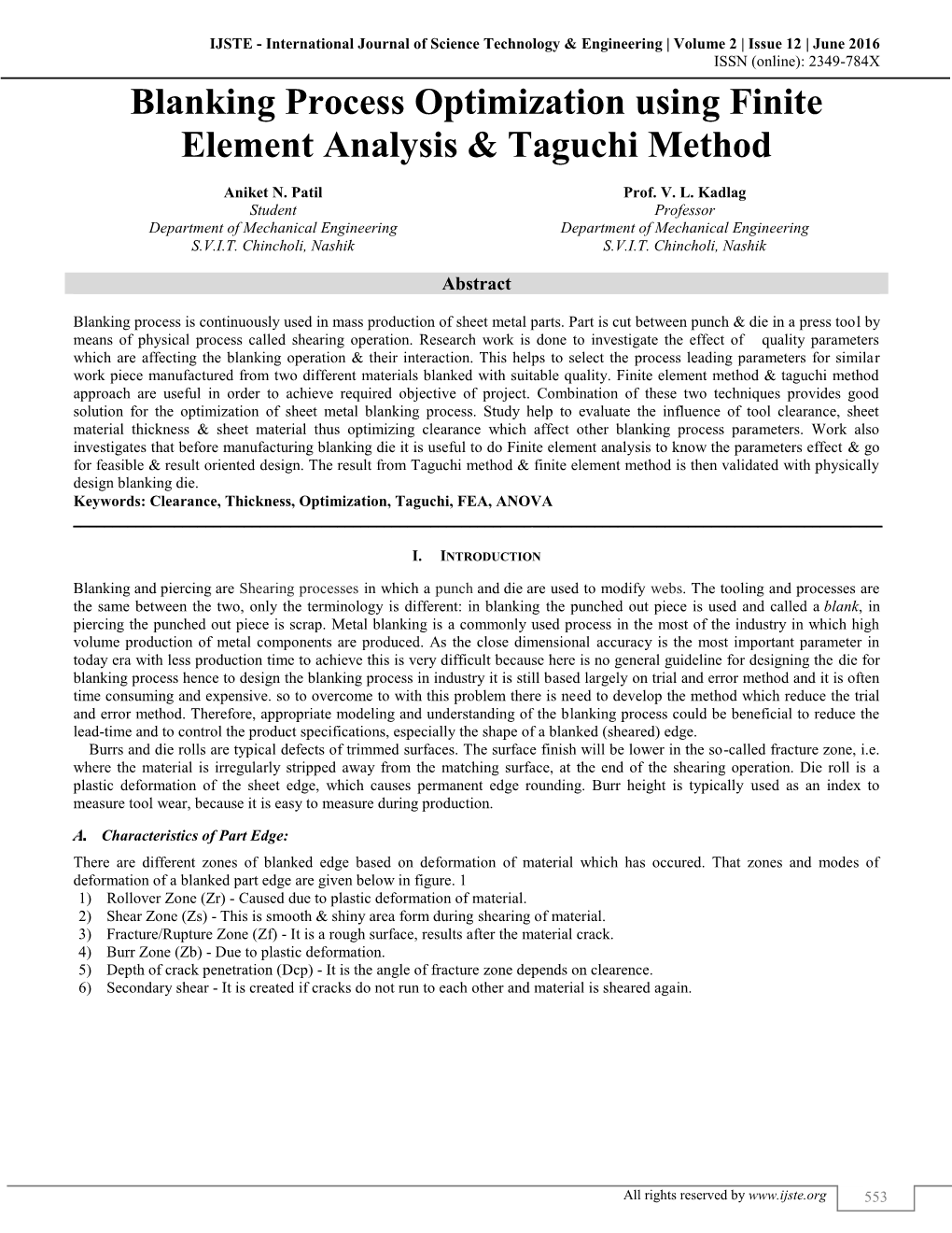 Blanking Process Optimization Using Finite Element Analysis & Taguchi