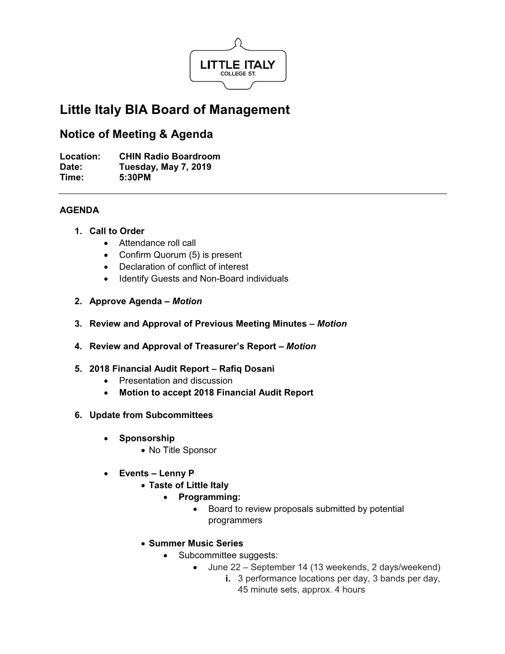 Little Italy BIA Board of Management