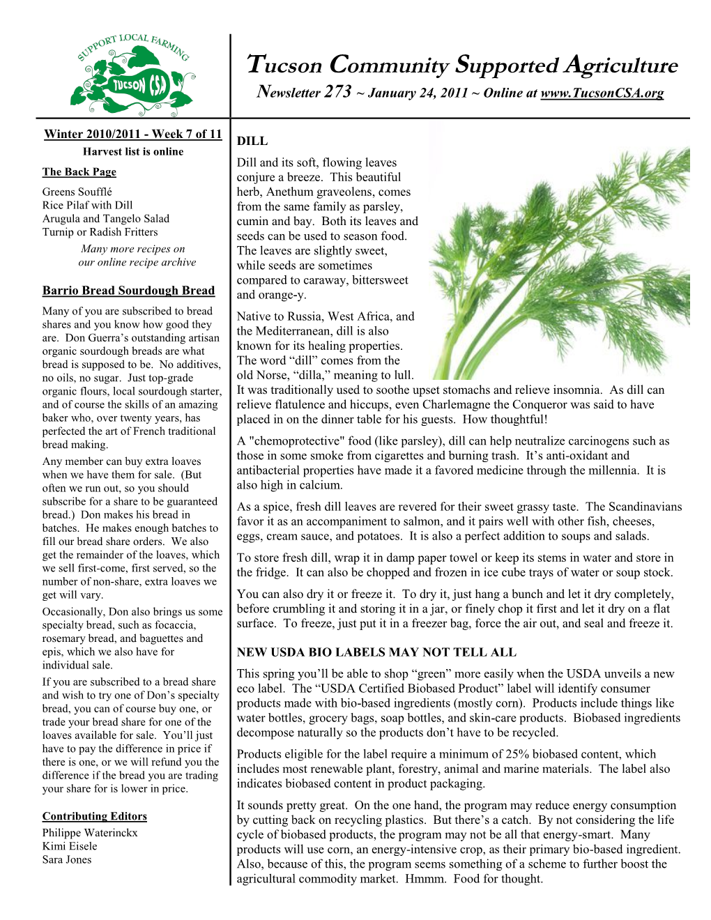 Tucson Community Supported Agriculture Newsletter 273 ~ January 24, 2011 ~ Online At