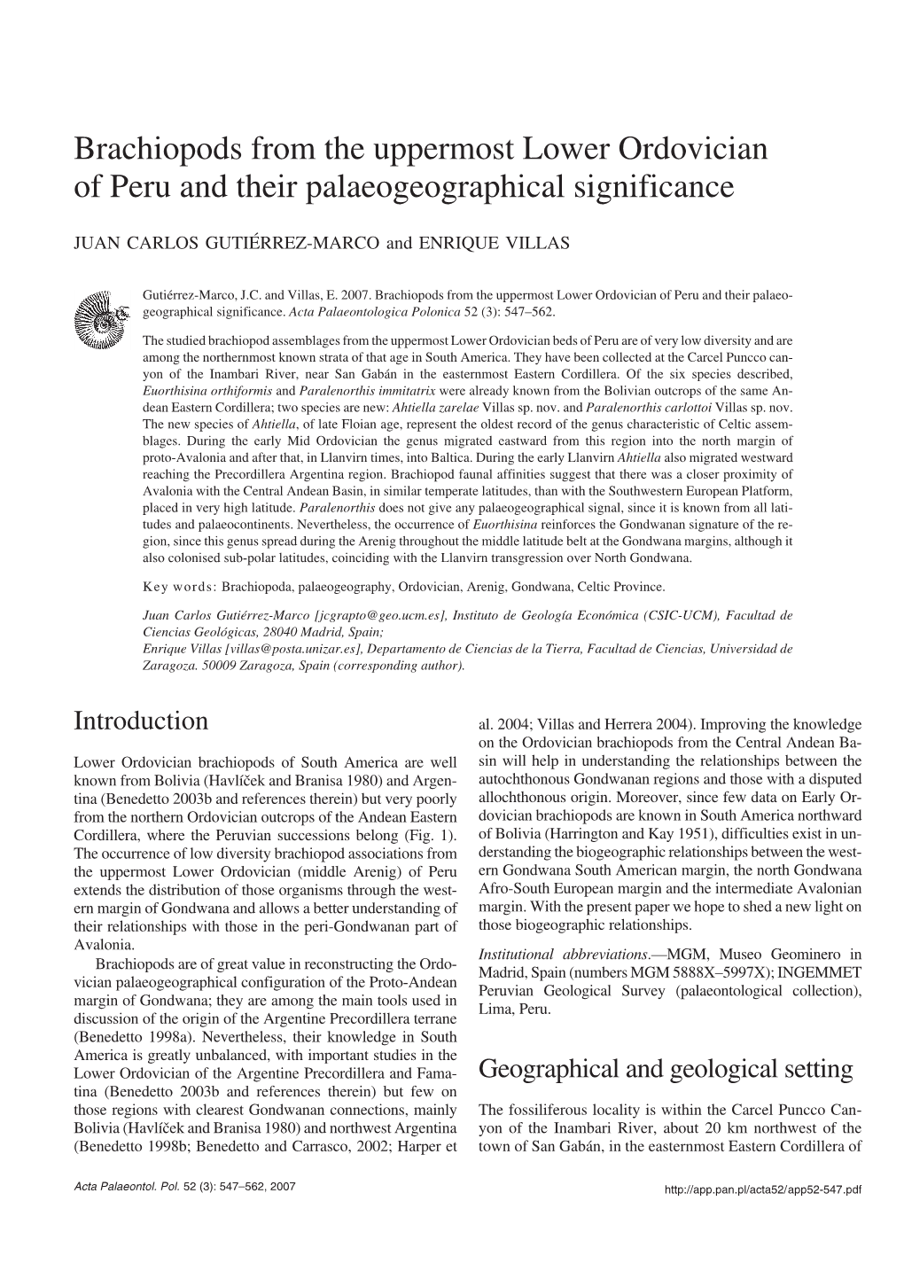 Brachiopods from the Uppermost Lower Ordovician of Peru and Their Palaeogeographical Significance