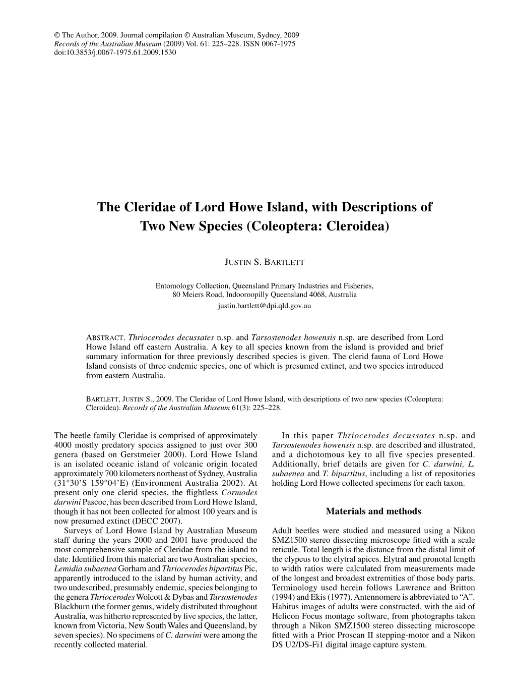 The Cleridae of Lord Howe Island, with Descriptions of Two New Species (Coleoptera: Cleroidea)