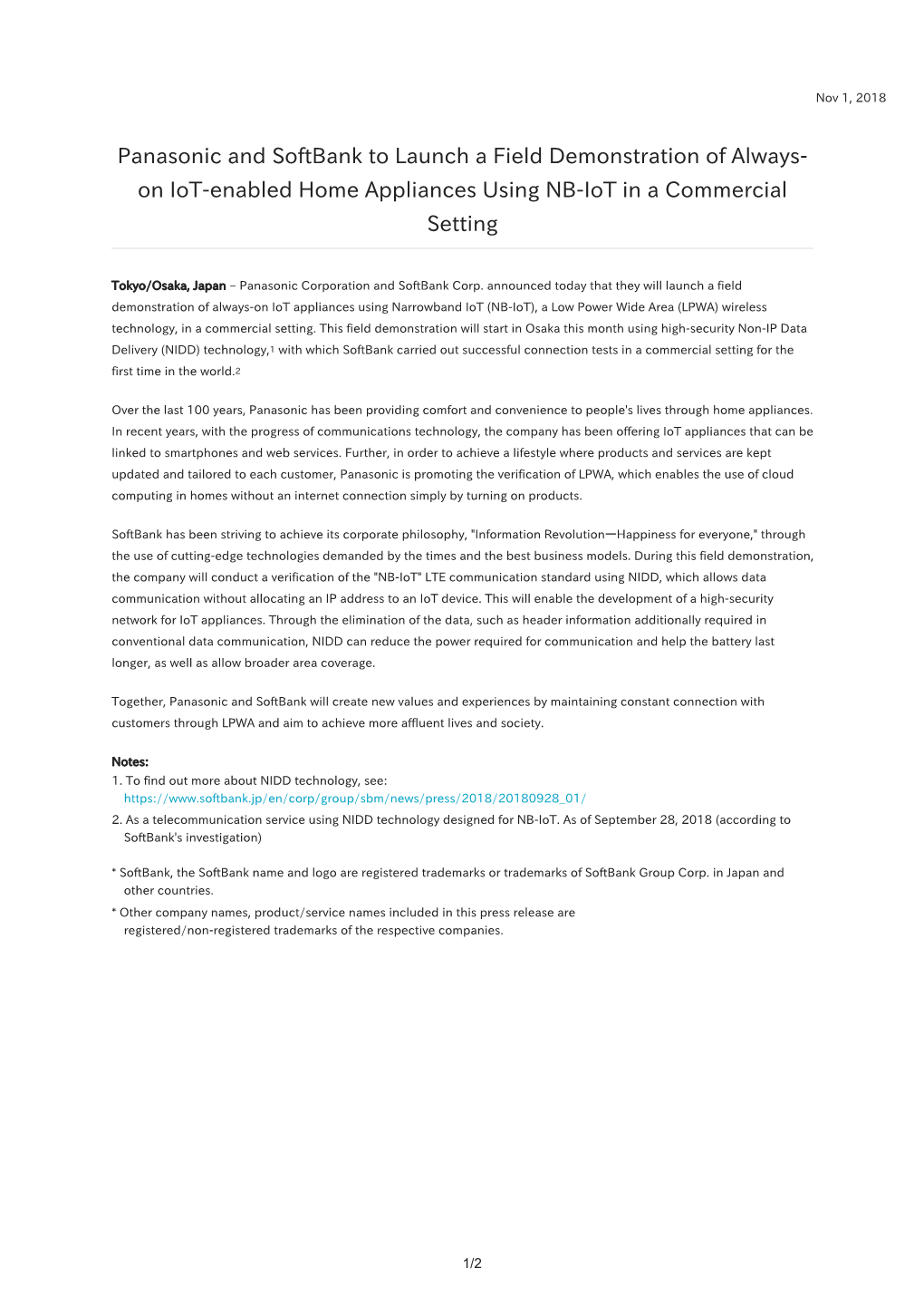 Panasonic and Softbank to Launch a Field Demonstration of Always- on Iot-Enabled Home Appliances Using NB-Iot in a Commercial Setting