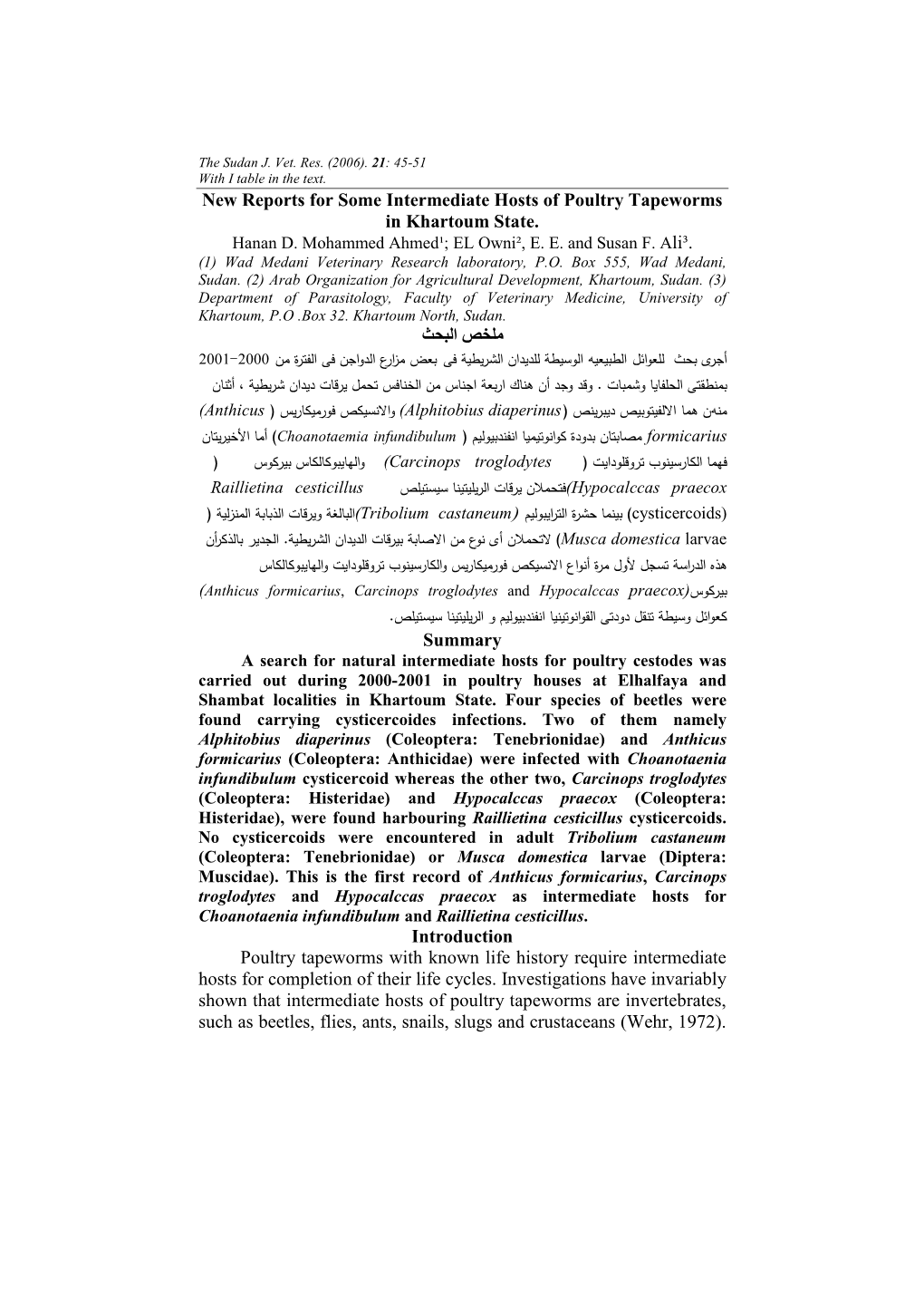 New Reports for Some Intermediate Hosts of Poultry Tapeworms in Khartoum State