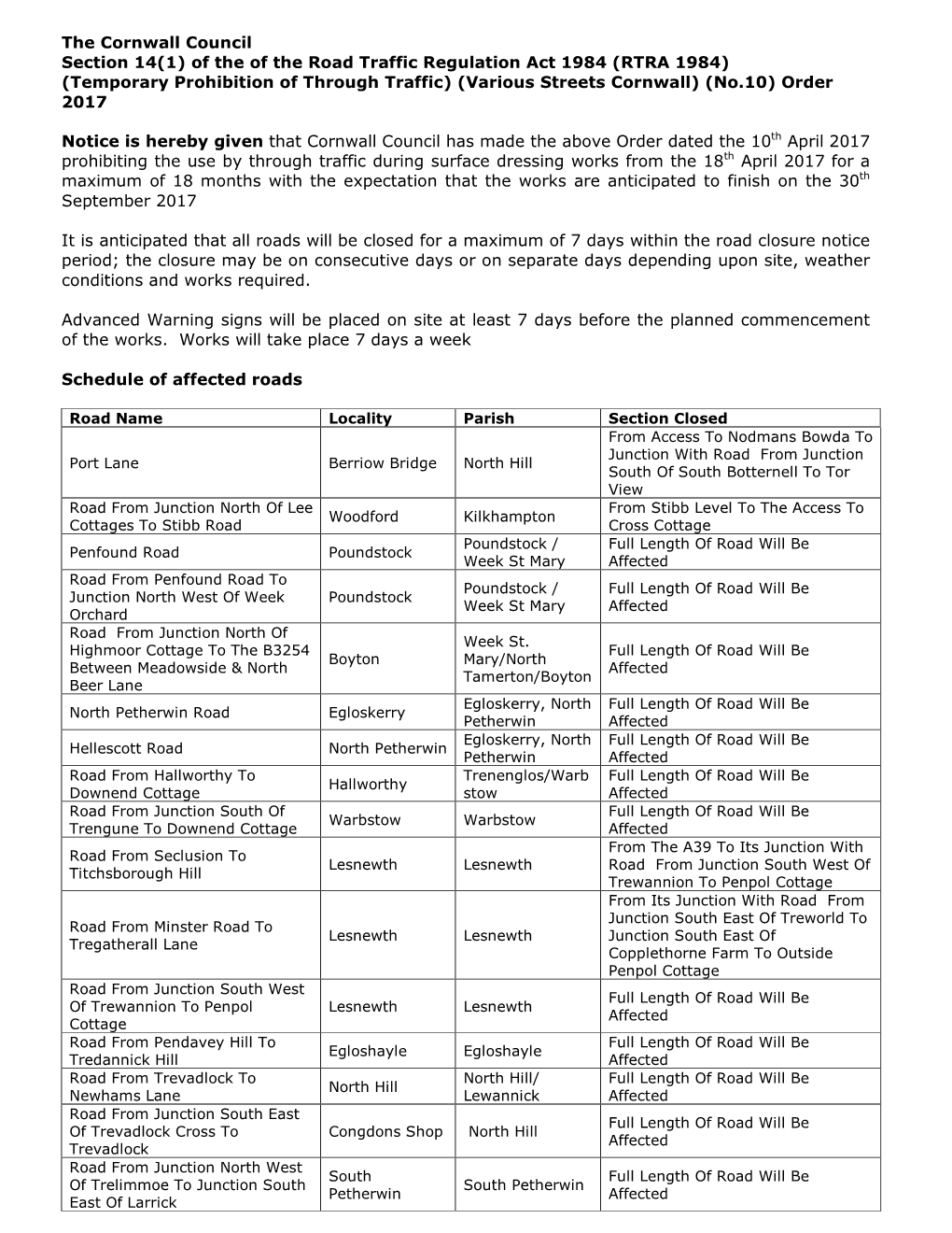 Cornish & Devon Post TTRO Order