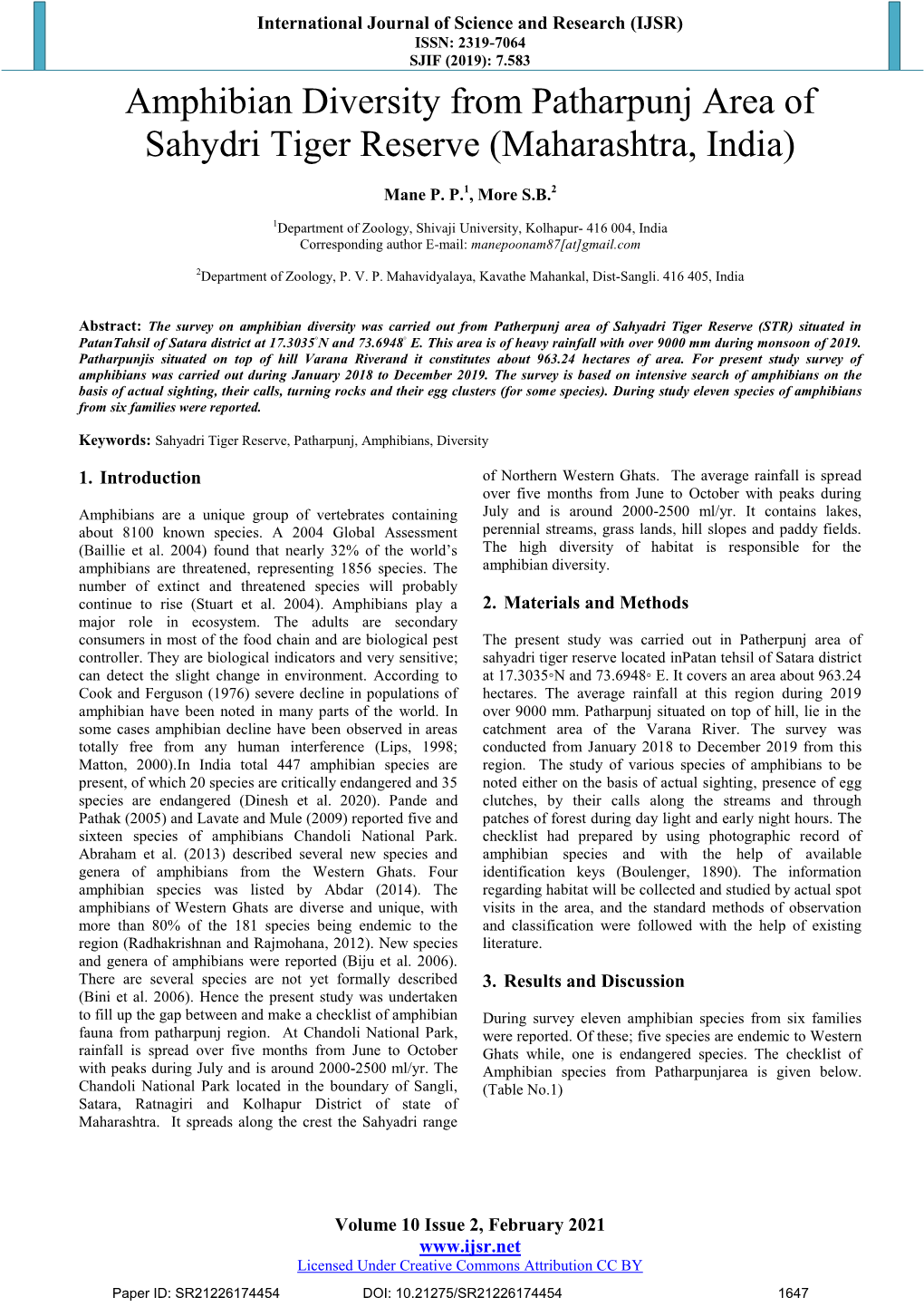 Amphibian Diversity from Patharpunj Area of Sahydri Tiger Reserve (Maharashtra, India)