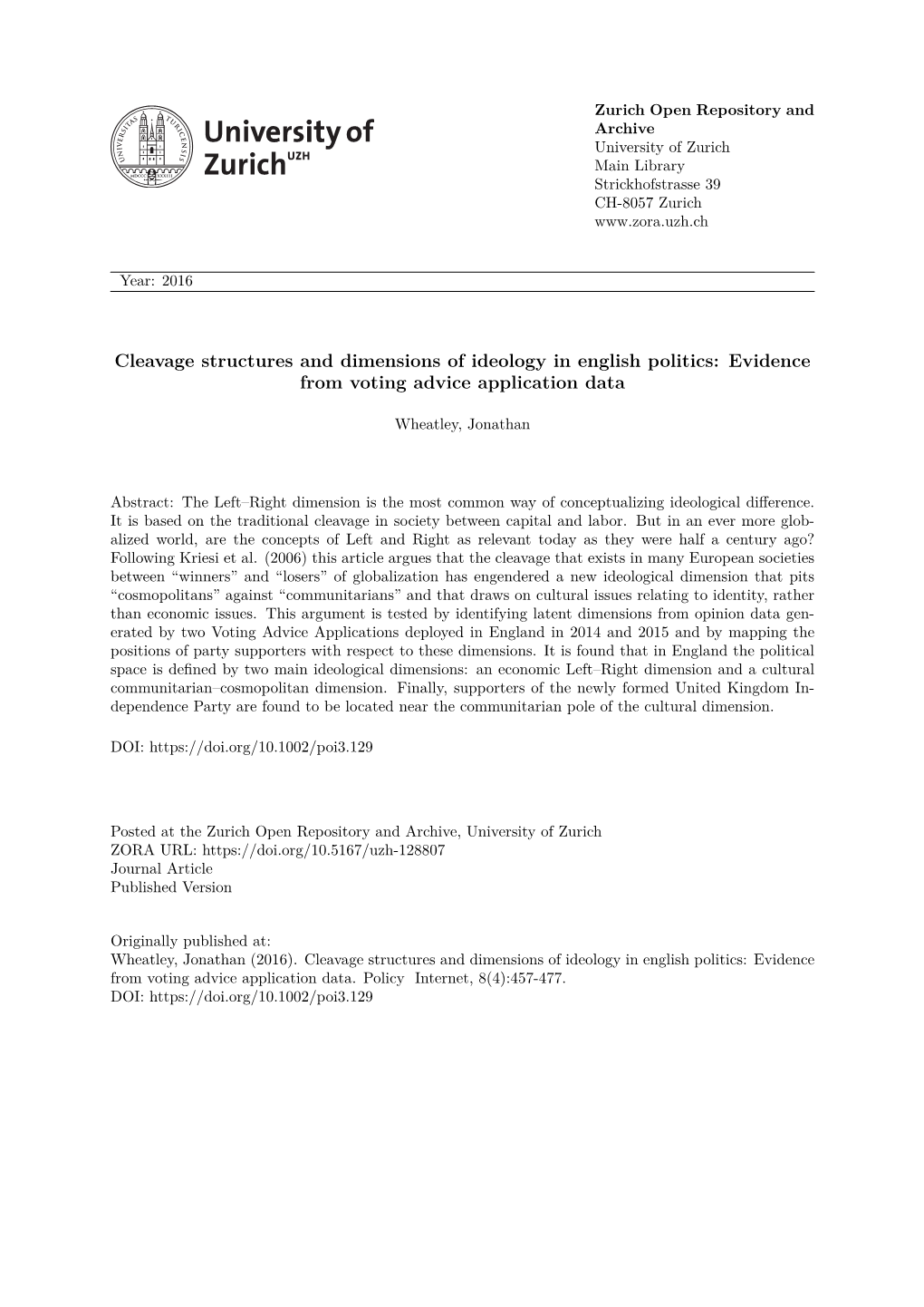 Cleavage Structures and Dimensions of Ideology in English Politics: Evidence from Voting Advice Application Data