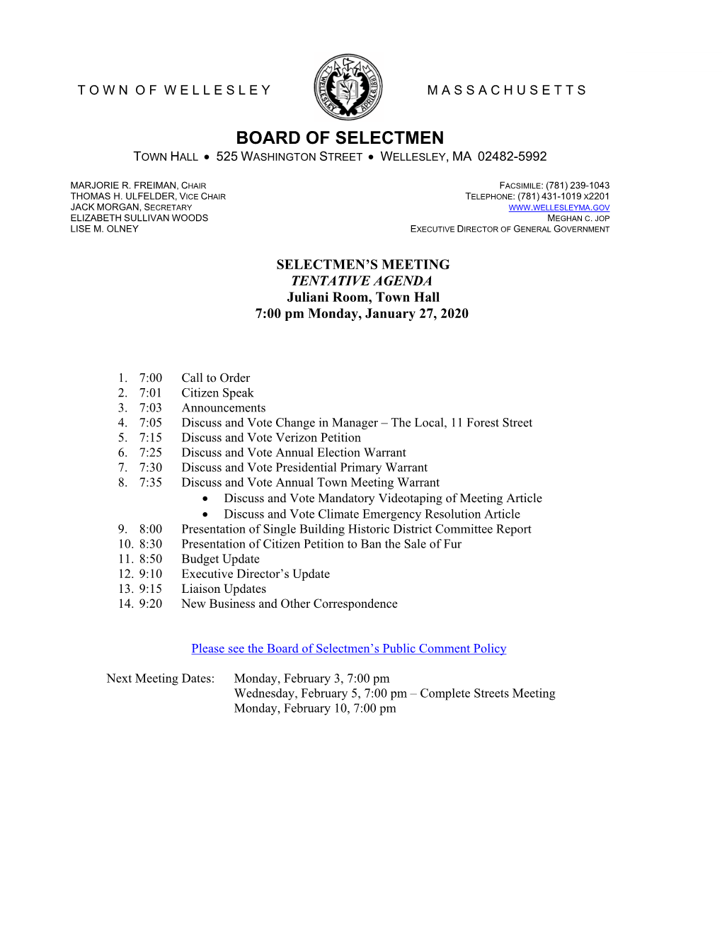 Board of Selectmen Town Hall  525 Washington Street  Wellesley, Ma 02482-5992