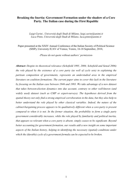 Government Formation Under the Shadow of a Core Party. the Italian Case During the First Republic
