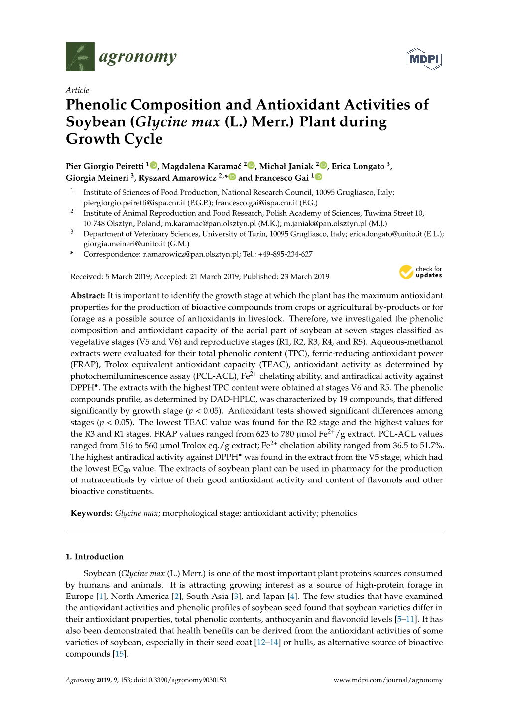 Phenolic Composition and Antioxidant Activities of Soybean (Glycine Max (L.) Merr.) Plant During Growth Cycle