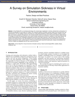 A Survey on Simulation Sickness in Virtual Environments