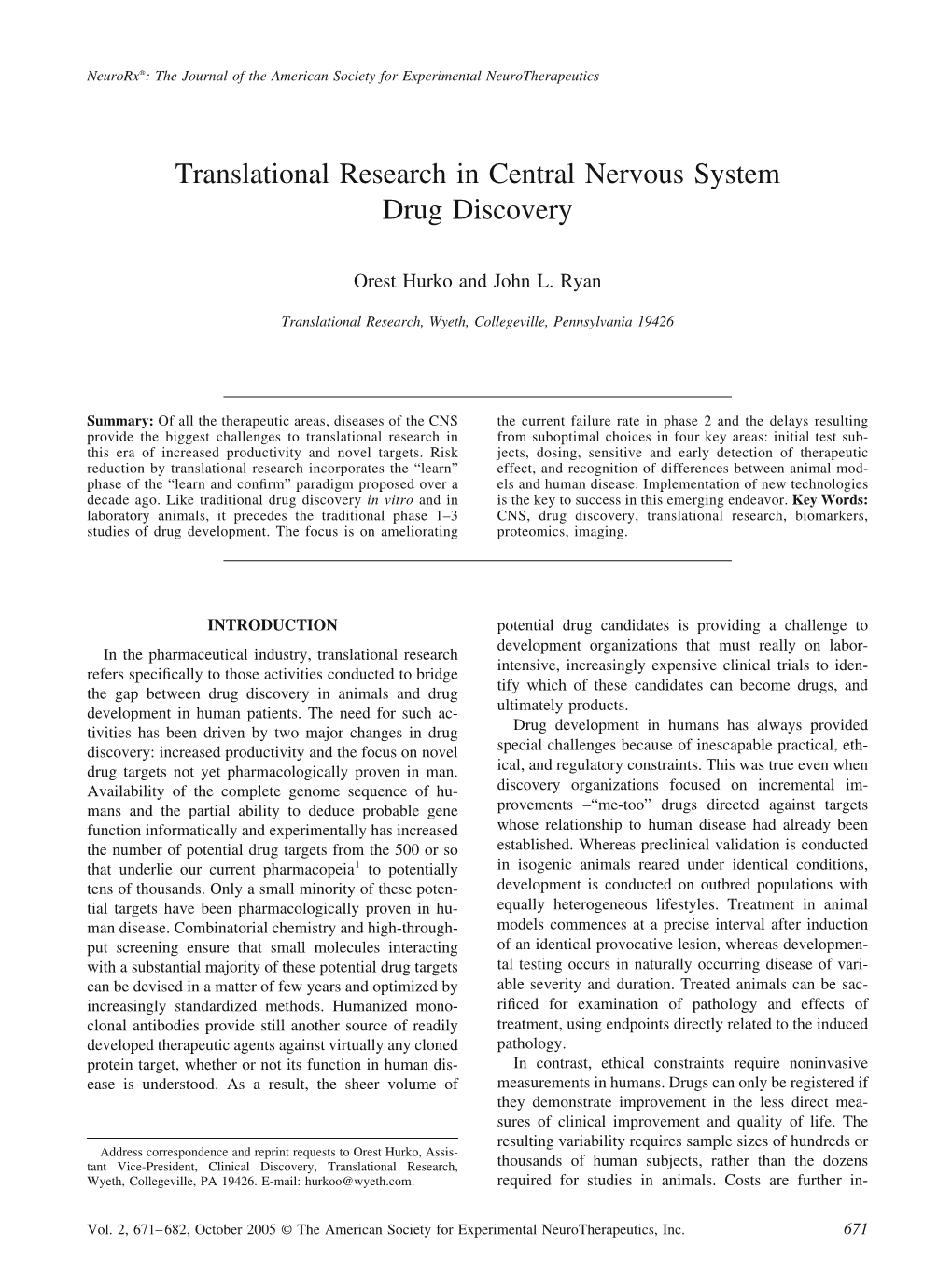 Translational Research in Central Nervous System Drug Discovery