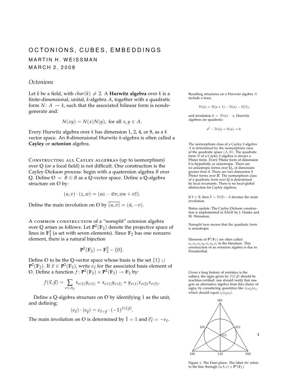 Octonions, Cubes, Embeddings Martin H