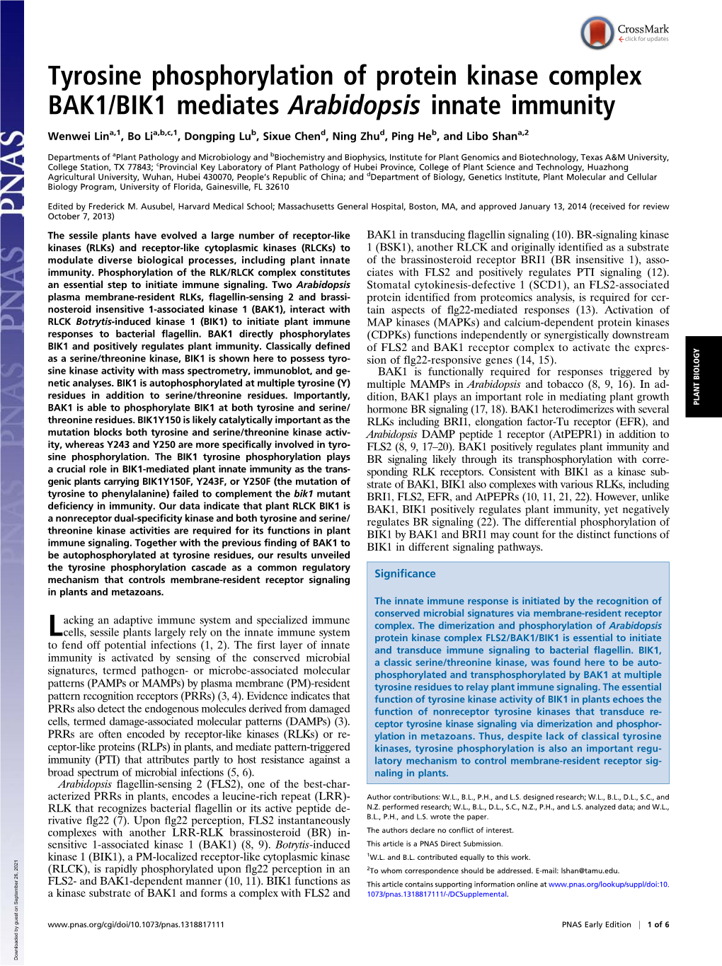 Tyrosine Phosphorylation of Protein Kinase Complex BAK1/BIK1 Mediates Arabidopsis Innate Immunity