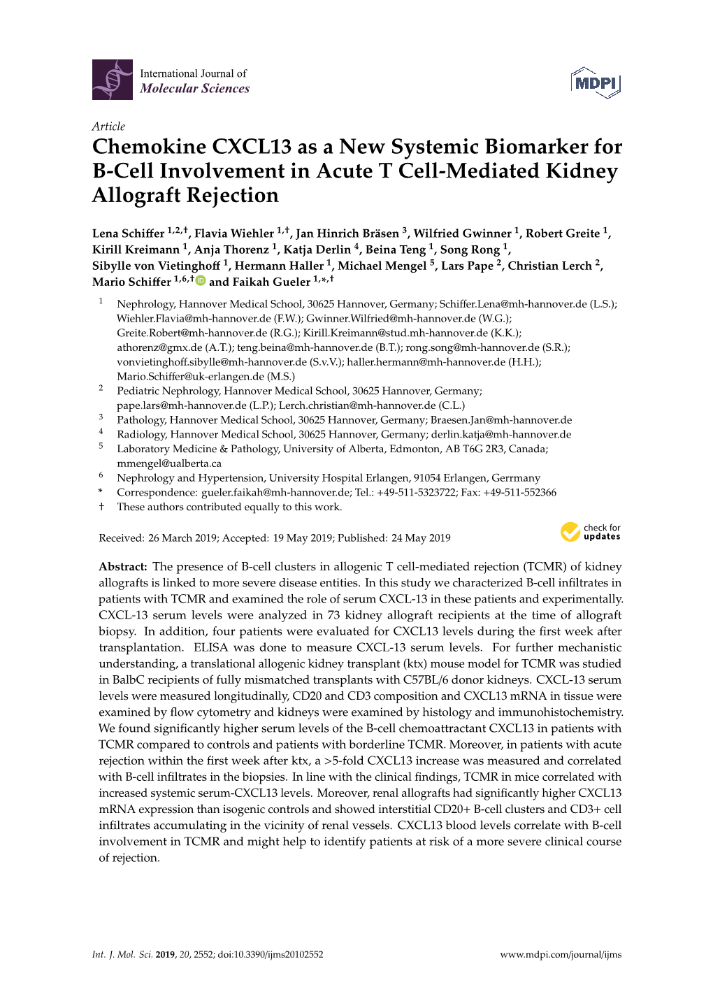 Chemokine CXCL13 As a New Systemic Biomarker for B-Cell Involvement in Acute T Cell-Mediated Kidney Allograft Rejection