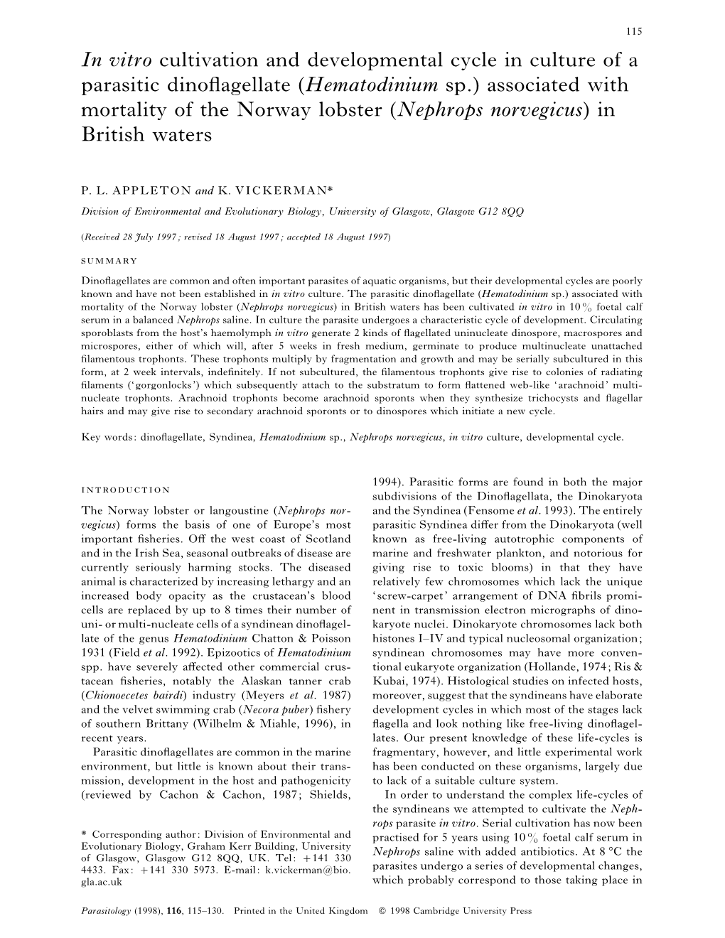 Hematodinium Sp.) Associated with Mortality of the Norway Lobster (Nephrops Norvegicus)In British Waters