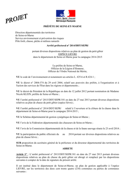 PRÉFÈTE DE SEINE-ET-MARNE Direction Départementale Des Territoires De Seine-Et-Marne Service Environnement Et Prévention