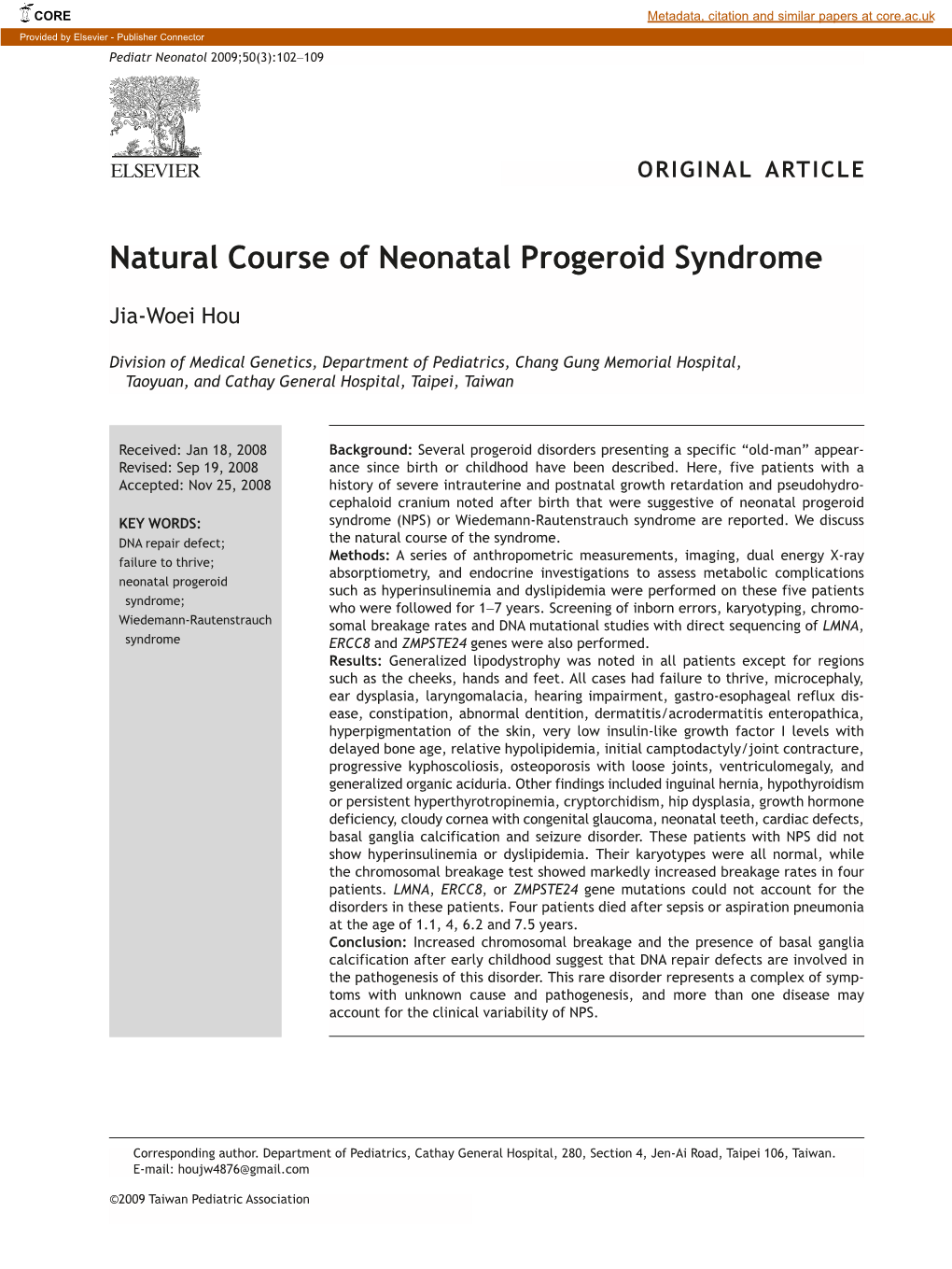 Natural Course of Neonatal Progeroid Syndrome