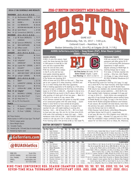2016-17 Boston University Men's Basketball Notes