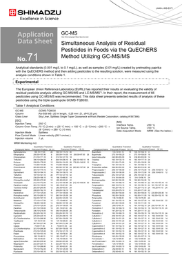 Simultaneous Analysis of Residual Pesticides in Foods Via the Quechers 71 Method Utilizing GC�MS/MS