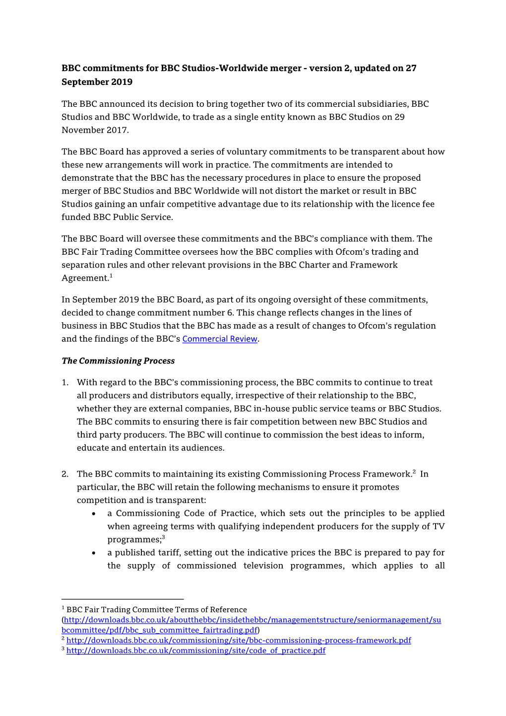 BBC Commitments for BBC Studios-Worldwide Merger - Version 2, Updated on 27 September 2019