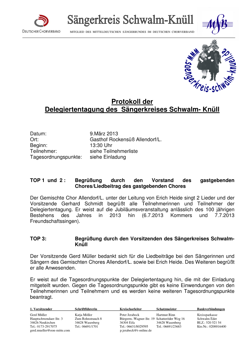 Protokoll Der Delegiertentagung Des Sängerkreises Schwalm- Knüll