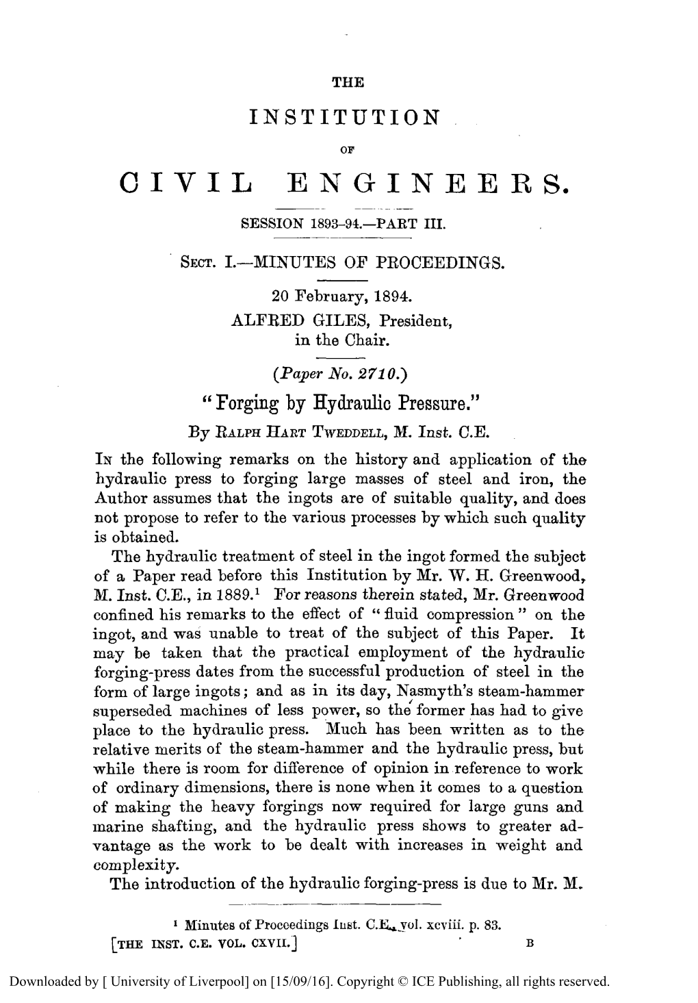 Forging by Hydraulic Pressure.” by RALPRHART TWEDDELL, M